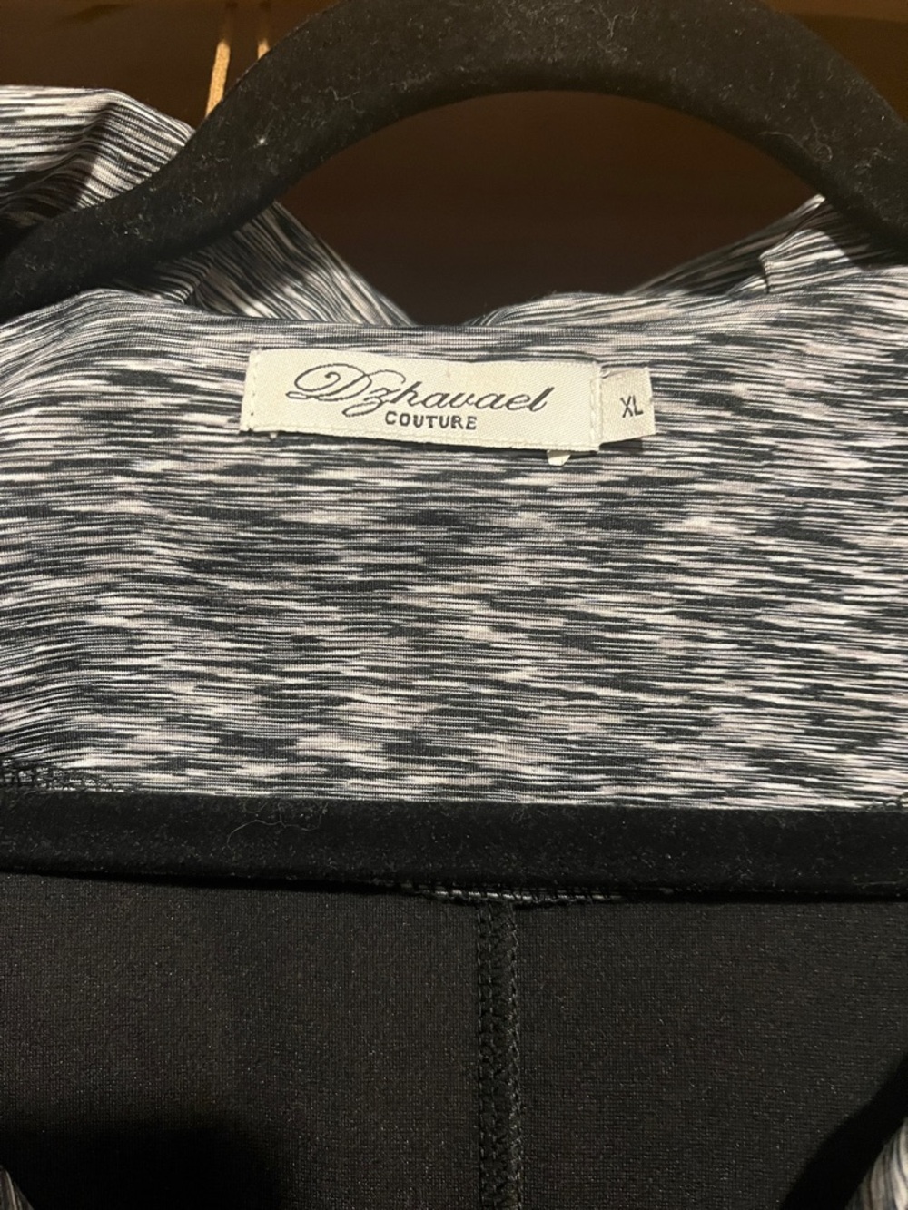 Dzhavael Couture. Black athletic long Zip Jacket with Marled Gray Collar & Cuffs - Picture 2 of 5